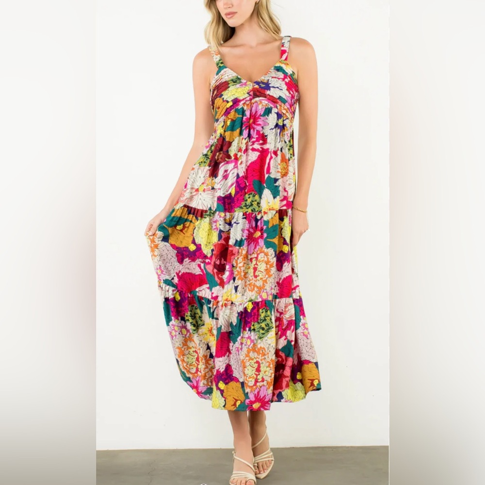 THML (Anthropologie) Floral Tiered Midi Dress Size:S